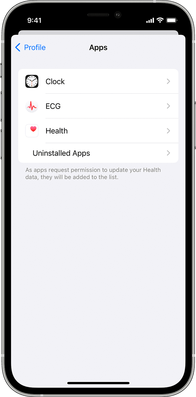 The Clock, ECG, and Health apps listed as compatible with the Health on an iPhone.