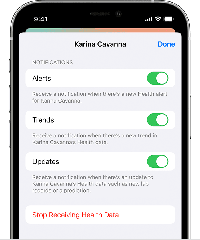 An iPhone screen showing the options to turn off Alerts, Trends, or Updates when sharing health data with another person.