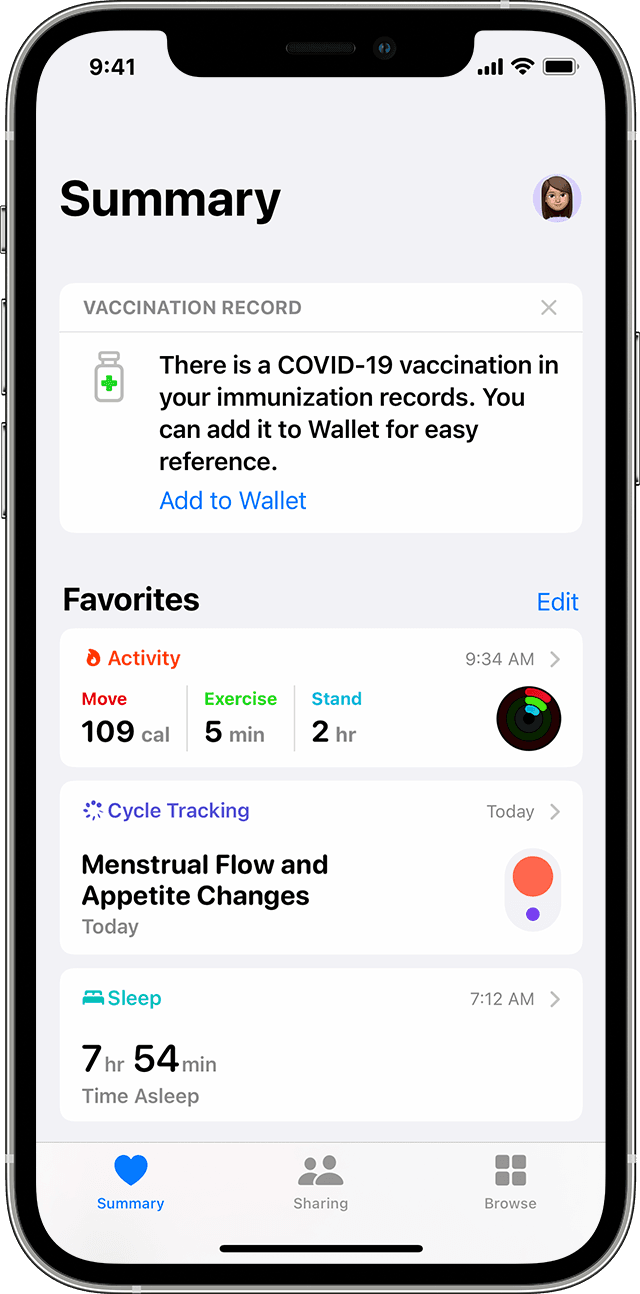 An iPhone screen showing the Summary tab of the Health app with a vaccination record to add to Wallet