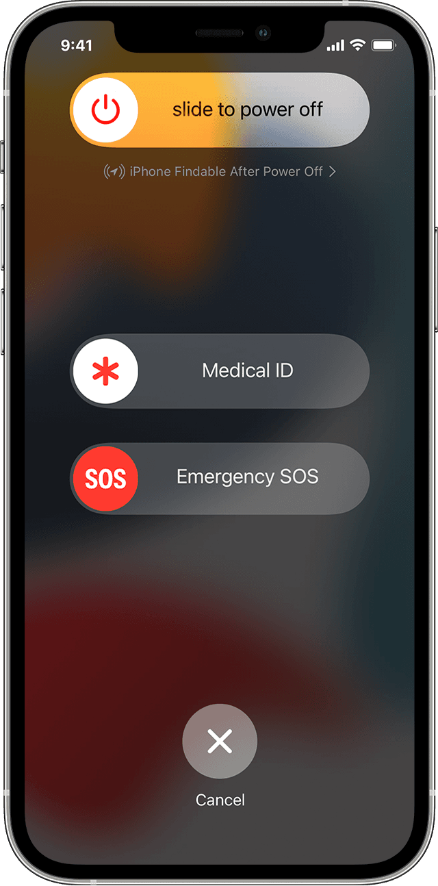 iPhone displaying the power off slider, the Medical ID slider and the Emergency SOS slider.