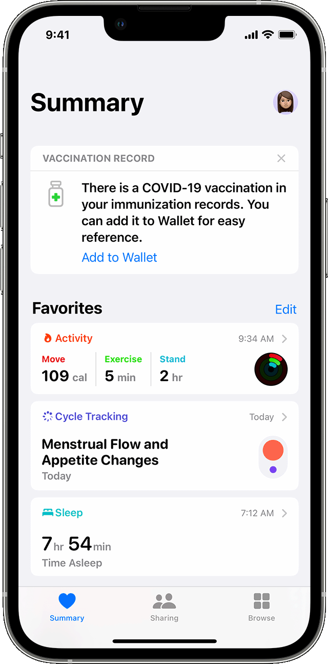 An iPhone screen showing the Summary tab of the Health app with a vaccination record to add to Wallet