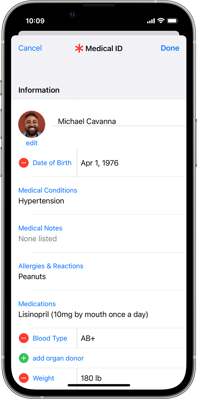 An iPhone screen showing Medical ID information