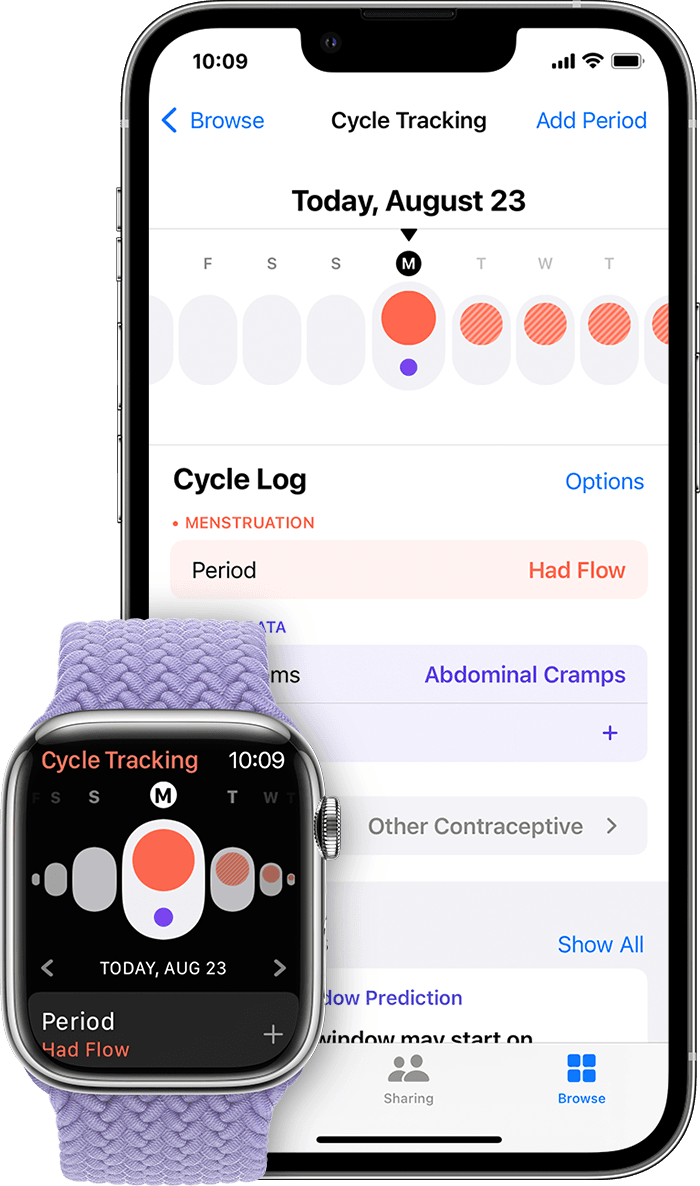 The Cycle Tracking app on your Apple Watch and the Health app on your iPhone