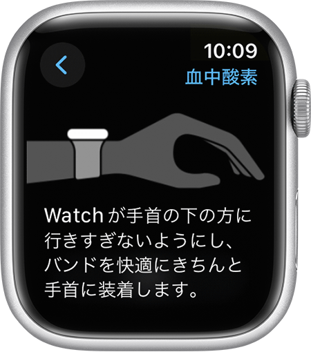 ベストな測定結果を得るための装着方法を案内する Apple Watch の画面。