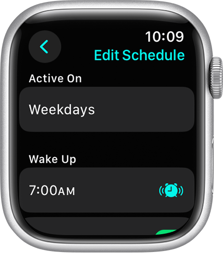 An Apple Watch screen showing options for editing a full sleep schedule