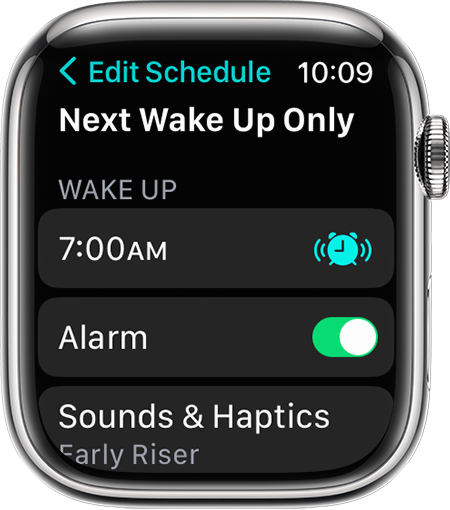 Écran d’Apple Watch affichant les options de modification du prochain réveil uniquement