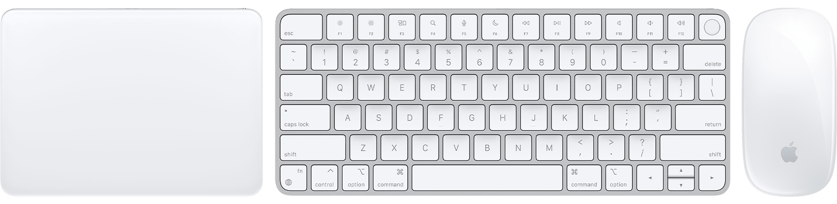 巧控板、含 Touch ID 的巧控鍵盤及巧控滑鼠的頂部視圖