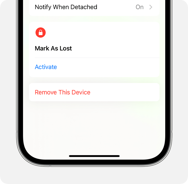 Captura de ecrã da app Encontrar a mostrar a opção Remover este dispositivo.