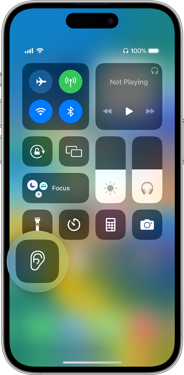 iOS Control Center with Hearing shown