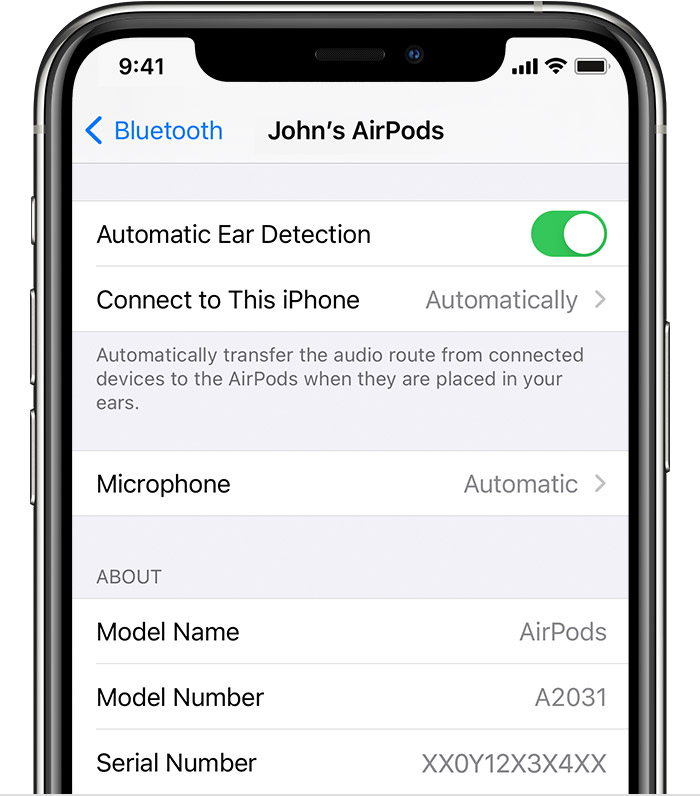 ios14 iphone11 pro settings bluetooth airpods serial number
