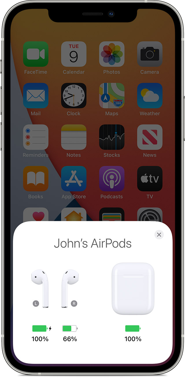 Kõrvaklappide AirPods laadimisolek iPhone’i ekraanil