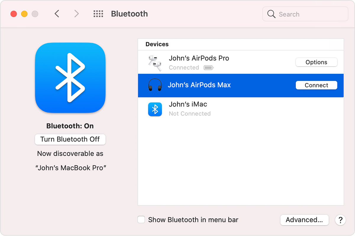 Maci Bluetoothi valikud