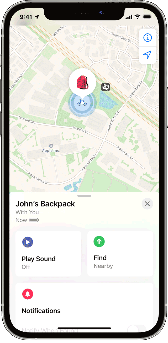 After tapping Find, the Find My app instructs you to try moving in a different direction. A green screen with a white circle appears with a countdown of the distance to your item. 