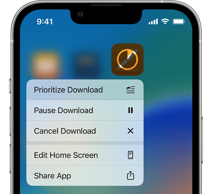 觸碰並按住 app 時，選單頂部顯示的「優先下載」。