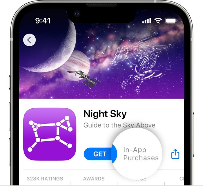 iPhone affichant une app dans l’App Store, avec la mention Achats intégrés à côté du bouton Obtenir