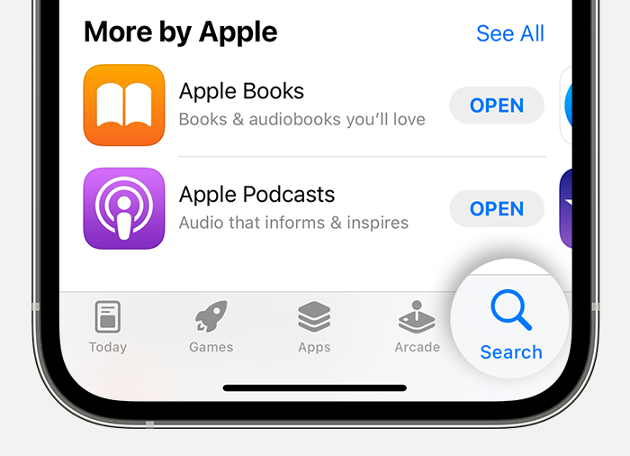 „iPhone“ rodomas paieškos skirtukas „App Store“ ekrano apačioje.