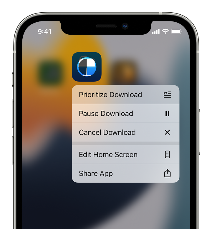 iPhone показва възможностите за Prioritize Download (Изтегляне с предимство), Pause Download (Прекъсване на изтегляне) и Cancel Download (Отмяна на изтегляне).