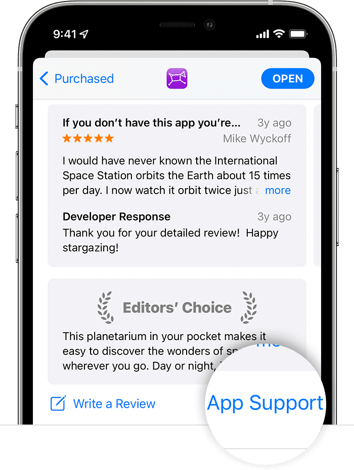 Lietotnē App Store iPhone tālrunī poga App Support (Lietotnes atbalsts) atrodas lietotnes lapas apakšdaļā.