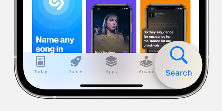 iPhone, ki prikazuje zavihek »Search« (Iskanje) v trgovini App Store