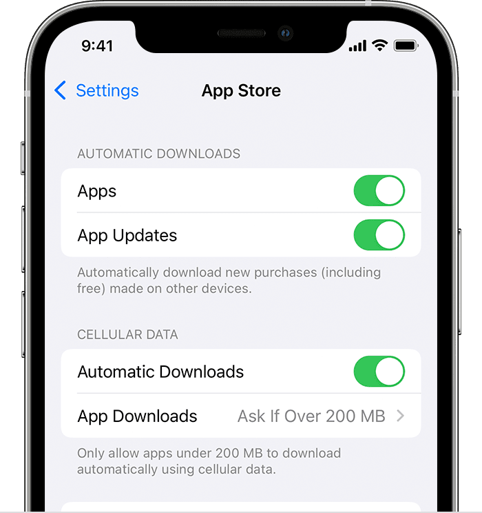 iPhone showing options to turn on or turn off automatic updates in Settings.