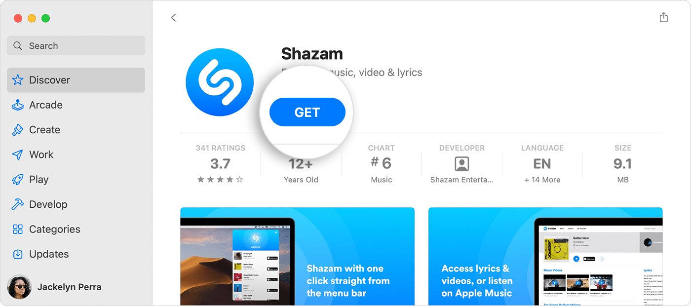 Maci App Store, kus on rakenduse Shazam tootelehel kuvatud sinine nupp Get (Hangi).