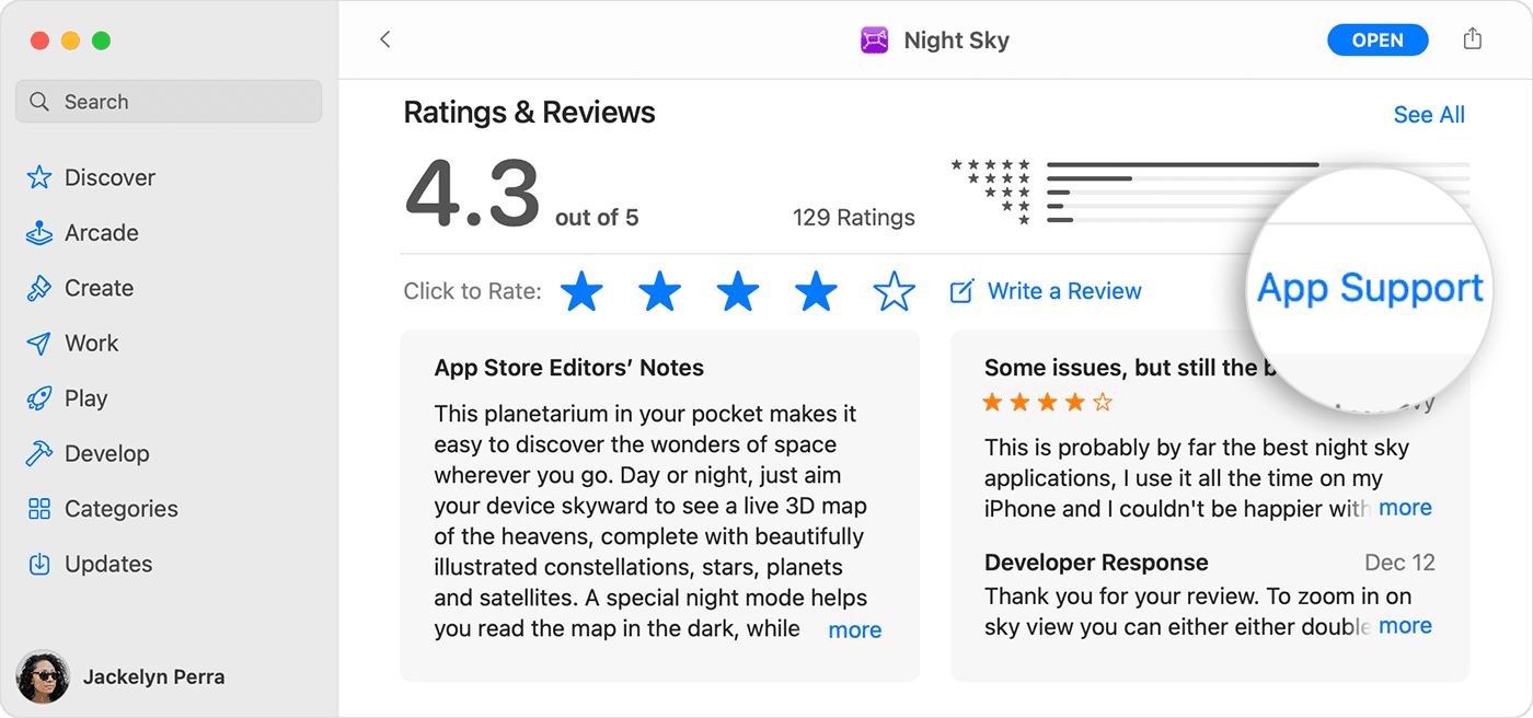 In the App Store on Mac, the App Support button is below the ratings and reviews section of the app's page.