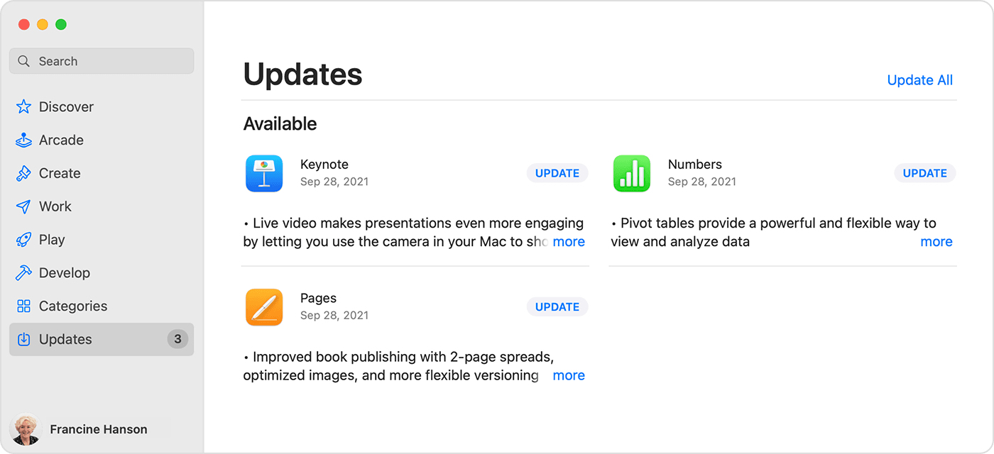 Mac présentant la liste des mises à jour disponibles pour trois apps différentes