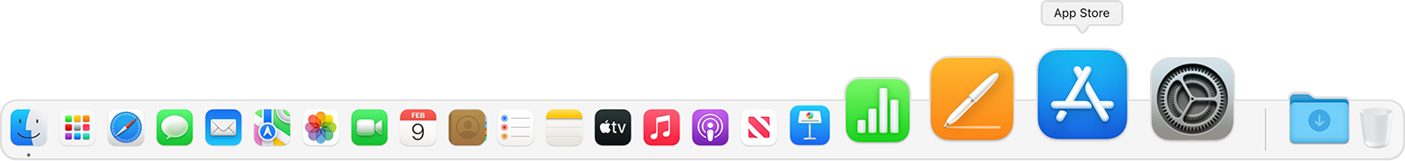 Mac 上的 Dock 顯示大約 20 個 App 圖像，影像上突顯了藍色的 App Store 圖像。