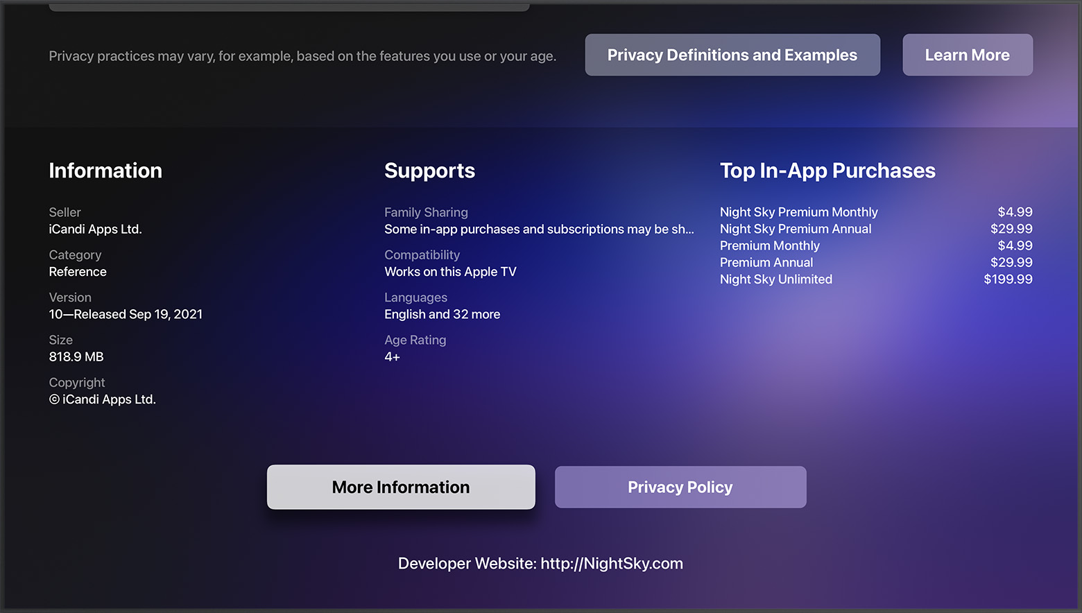 在 Apple TV 上的 App Store 中，开发者的网站位于 App 页面的底部。