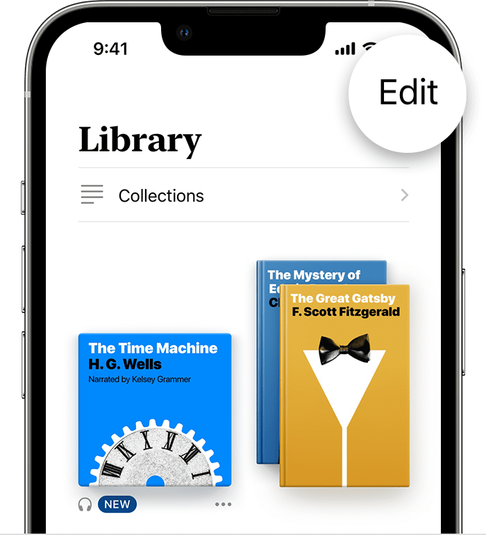An iPhone screen showing where to tap Edit in the Library tab