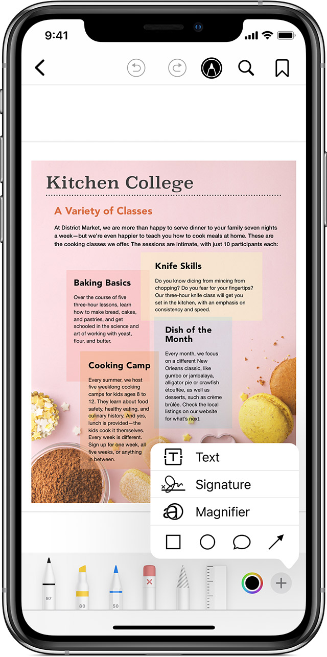 A PDF in the Books app includes information about baking, knife skills, and cooking. You can use the Markup button to draw or write on top of this information.