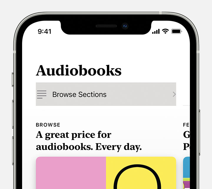The Books app on iPhone showing the Browse Sections button on the Audiobooks tab.