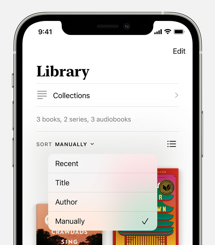 iPhone affichant la bibliothèque avec des options de tri, notamment Récents, Titre, Auteur et Manuellement.