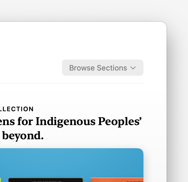 The Browse Sections button at the top of the page in the Books app on Mac
