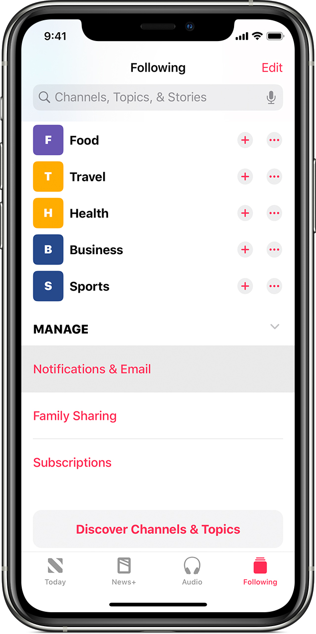 L’option « Notifications & Email » de l’onglet Following sur l’iPhone