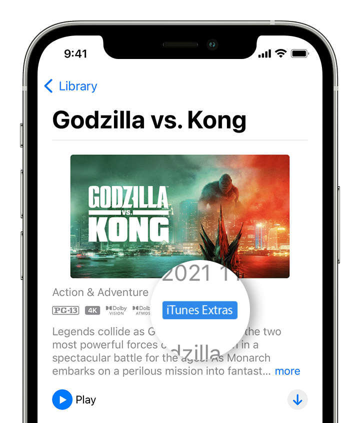 iPhone screen showing an iTunes Extras badge in the Library tab of the Apple TV app. A picture of the "Godzilla vs. Kong" movie is in the background.