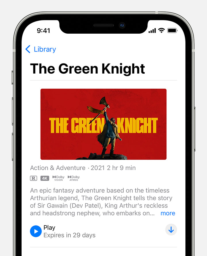The stream and download buttons for a film rental on iPhone, iPad or iPod touch