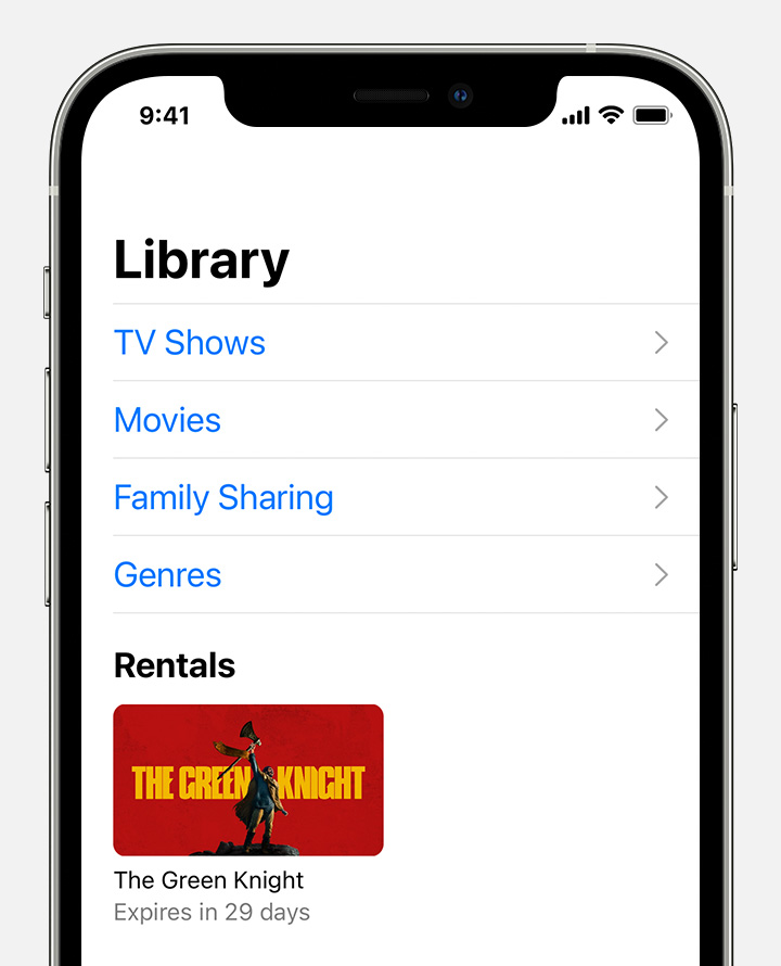 kur rasti „Rentals“ (išsinuomoti filmai) „iPhone“ skirtuke „Library“ (biblioteka)