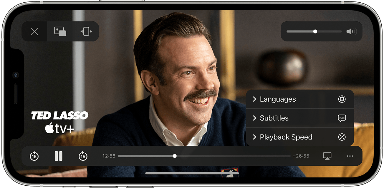Опцията Subtitles (Субтитри) или Languages (Езици) на приложението Apple TV на iPhone, iPad или iPod touch