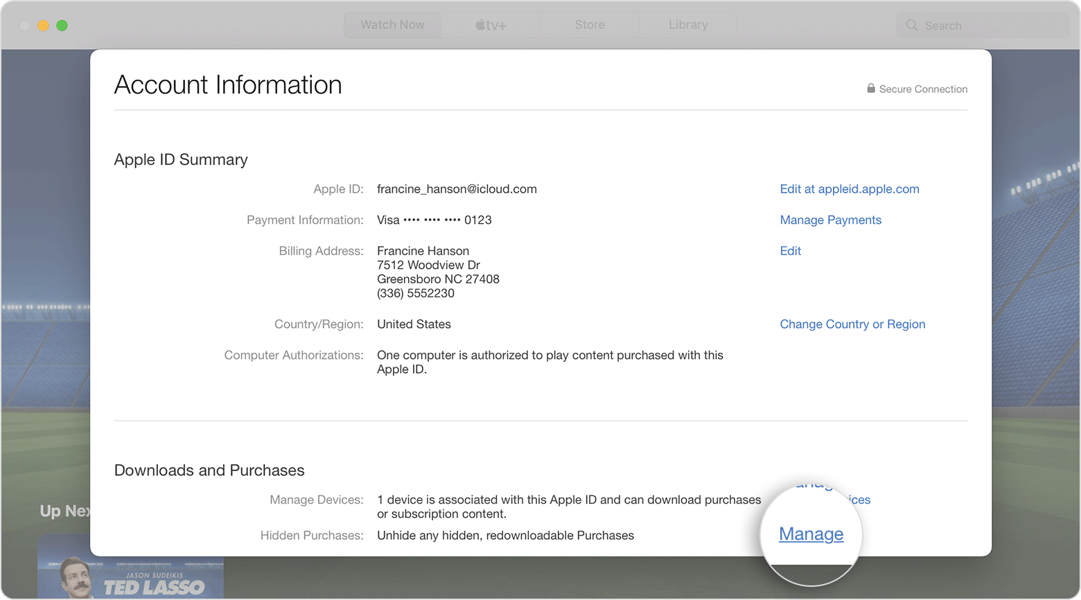 Mac 上的“下载和购买项目”部分中显示了“管理”按钮的位置