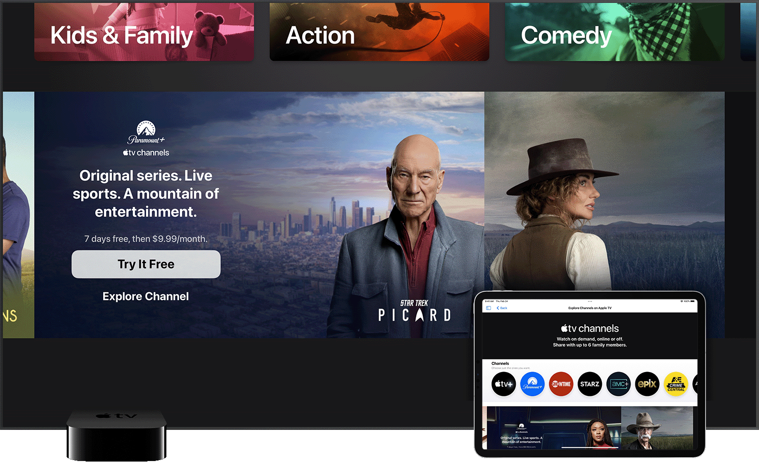 A smart TV and iPad showing the Apple TV channels in the Apple TV app