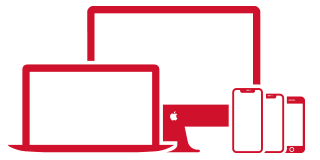 Czerwona ikona przedstawiająca telefon iPhone i komputer Mac