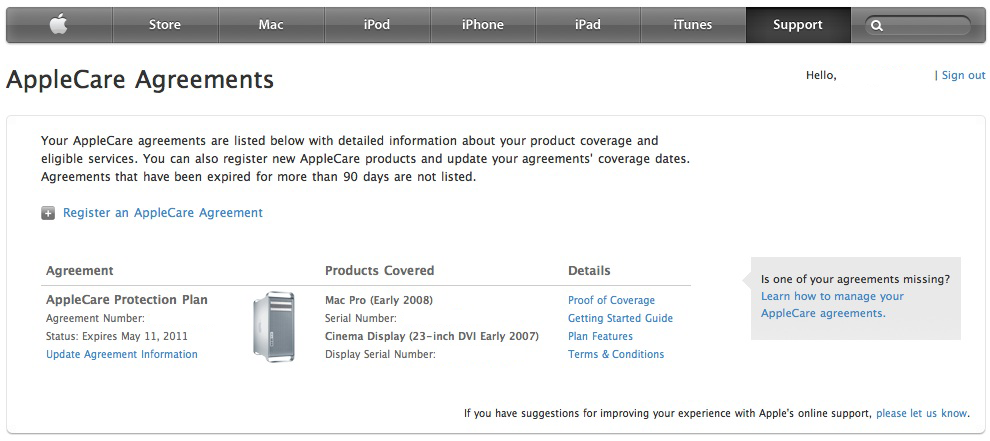 o I need to register my AppleCare agreement?
