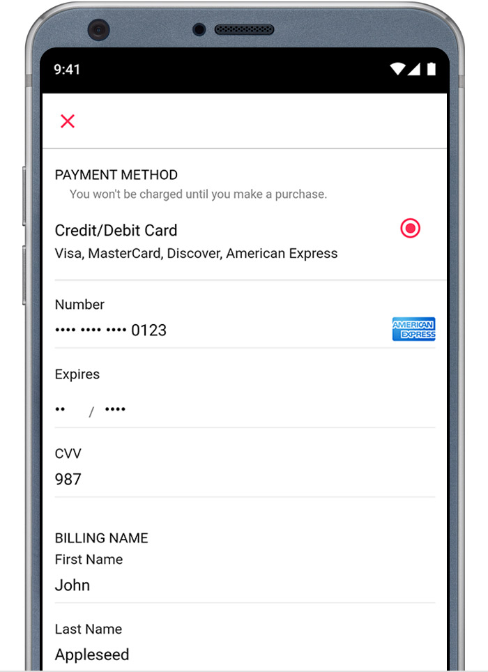 Android phone showing the payment information for Apple Music.