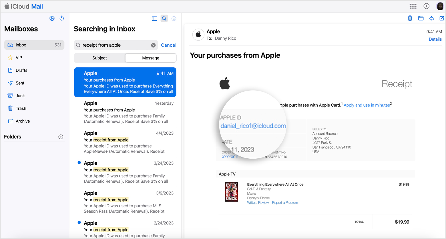 El. laiškas, kuriame rodomas „Apple“ kvitas su pirkusio asmens „Apple ID“.