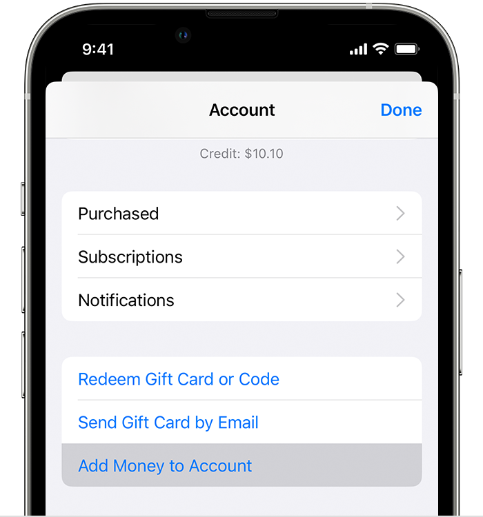 Add Money to Account appears in the menu in the App Store on iPhone.
