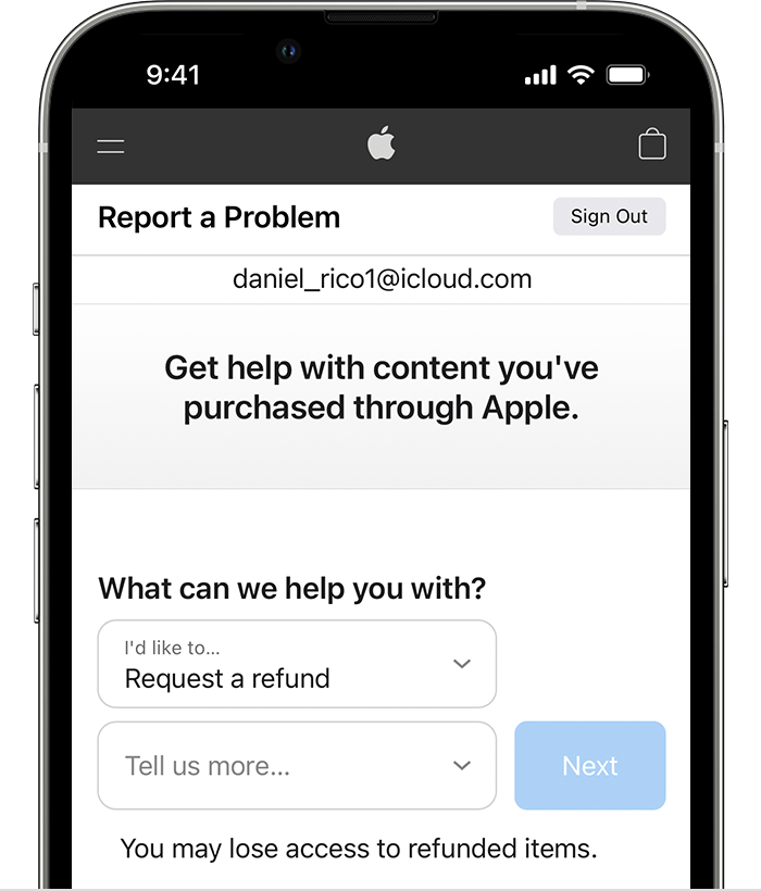 iPhone, на който се показва уебсайтът за докладване за проблем, където можете да поискате възстановяване на средства. След като изберете Request a refund (Искане за възстановяване на средства), изберете причината, поради която искате възстановяване на средствата.