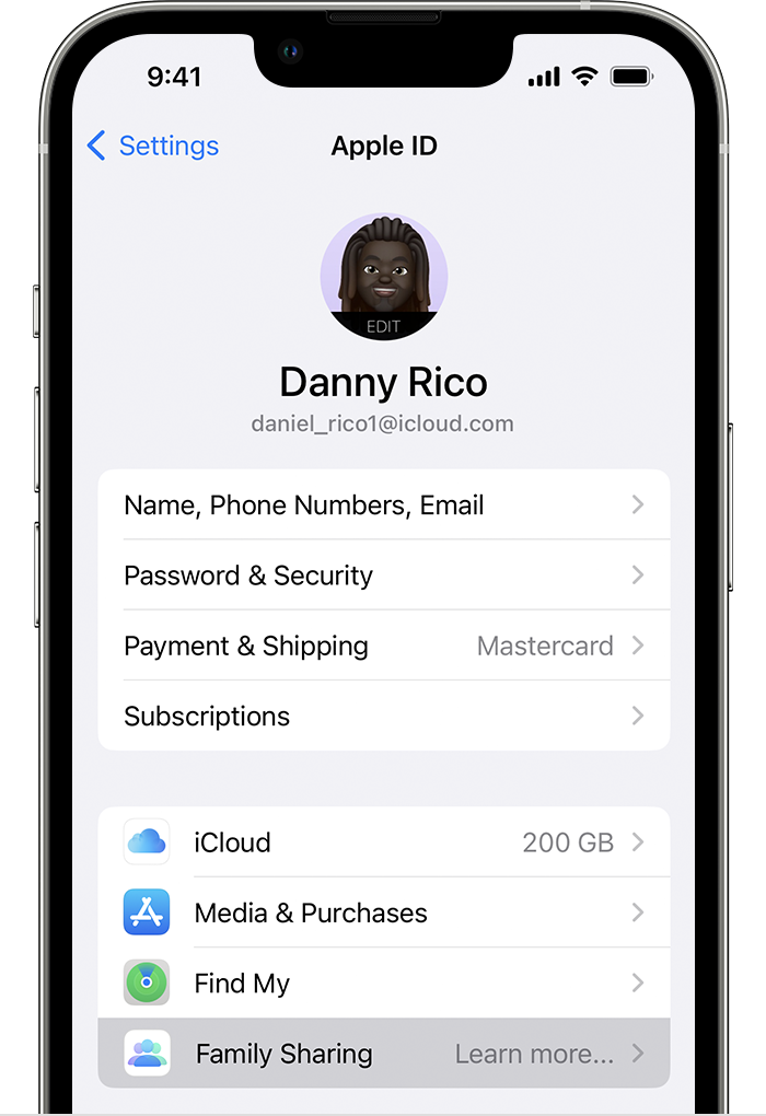 Family Sharing is listed in the second section, below Find My.