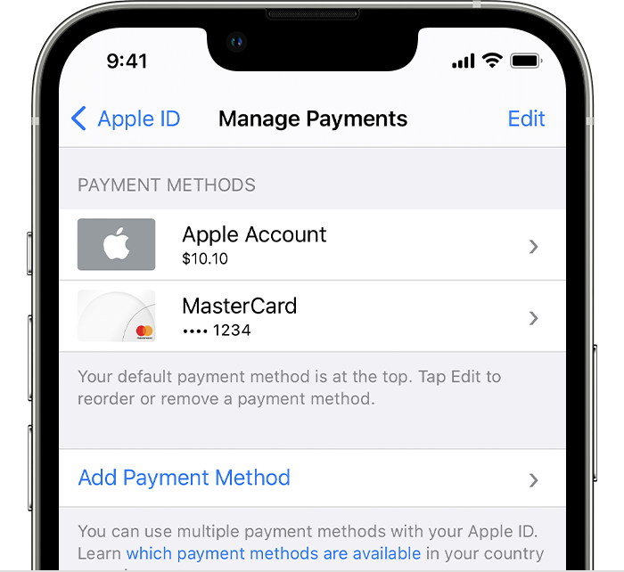 „iPhone“ įrenginyje po mokėjimo būdų sąrašu rodomas mygtukas „Add Payment“ (pridėti mokėjimo būdą).
