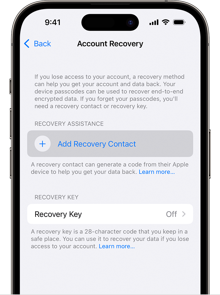 On iPhone, add a recovery contact in Settings